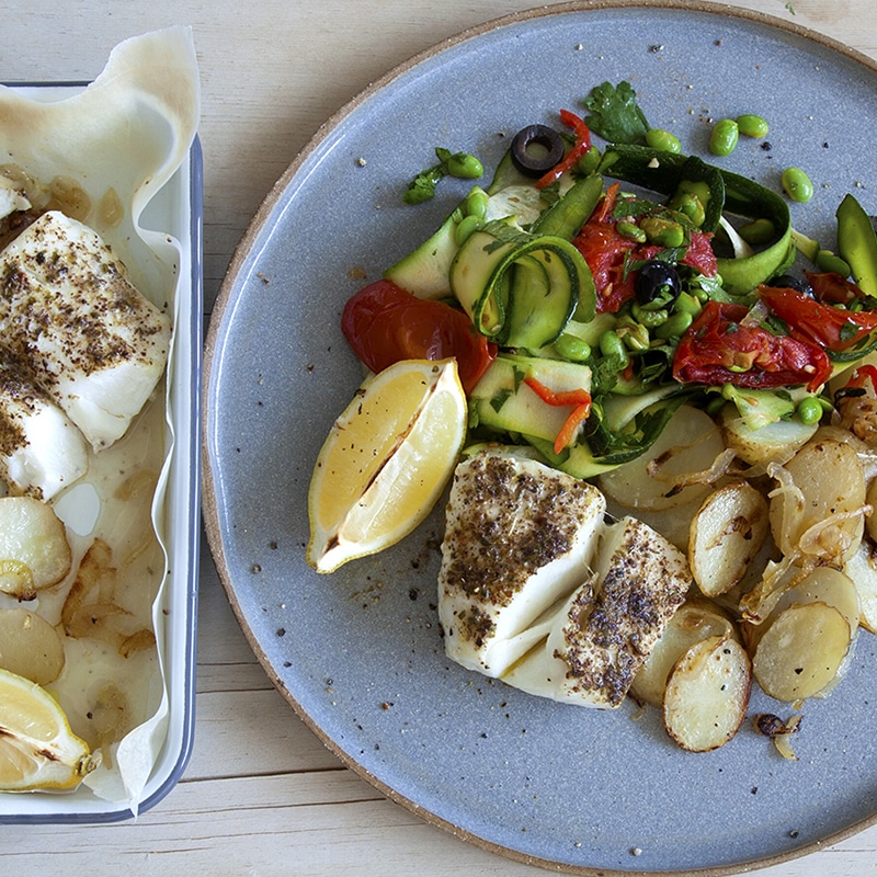 Waitrose Cook Well cod with sumac, potatoes and courgette salad