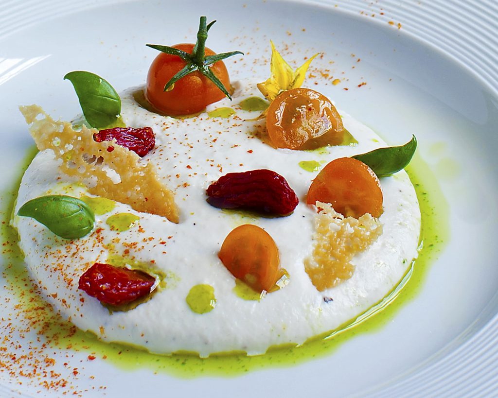 fine dining food photography of burrata on white plate for Barton House