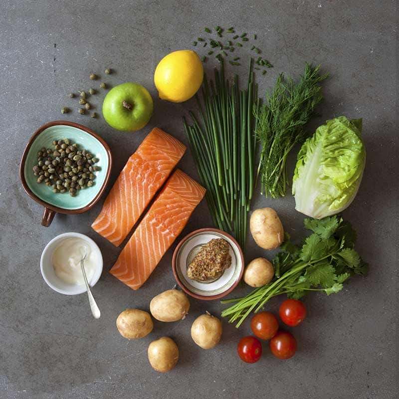 Raw food ingredients shot from above by Waitrose food photographer Rick Foulsham