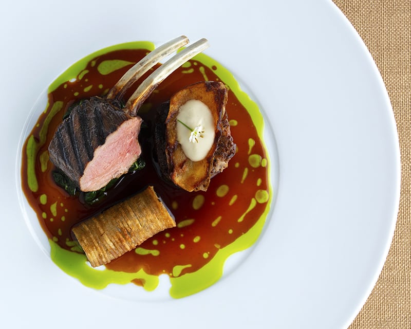 Beautiful fine dining food photography of a rare lamb chop with a brown gravy split with green oil on a white plate